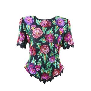 Vintage Glam Purple Floral Silk Sequined Party Top